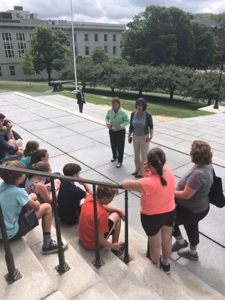 Modelling bipartisanship for Vermont students: Democratic Speaker of the House Mitzi Johnson and Republican Representative Heidi Scheuermann breaking from last year's heavily contested budget debate for fire drills and an impromptu bipartisan civics lesson.